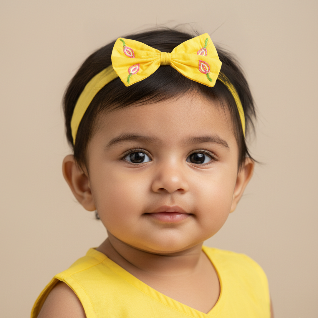 Girls Embroidered Yellow Classic Bow Headband - Lotus Pond