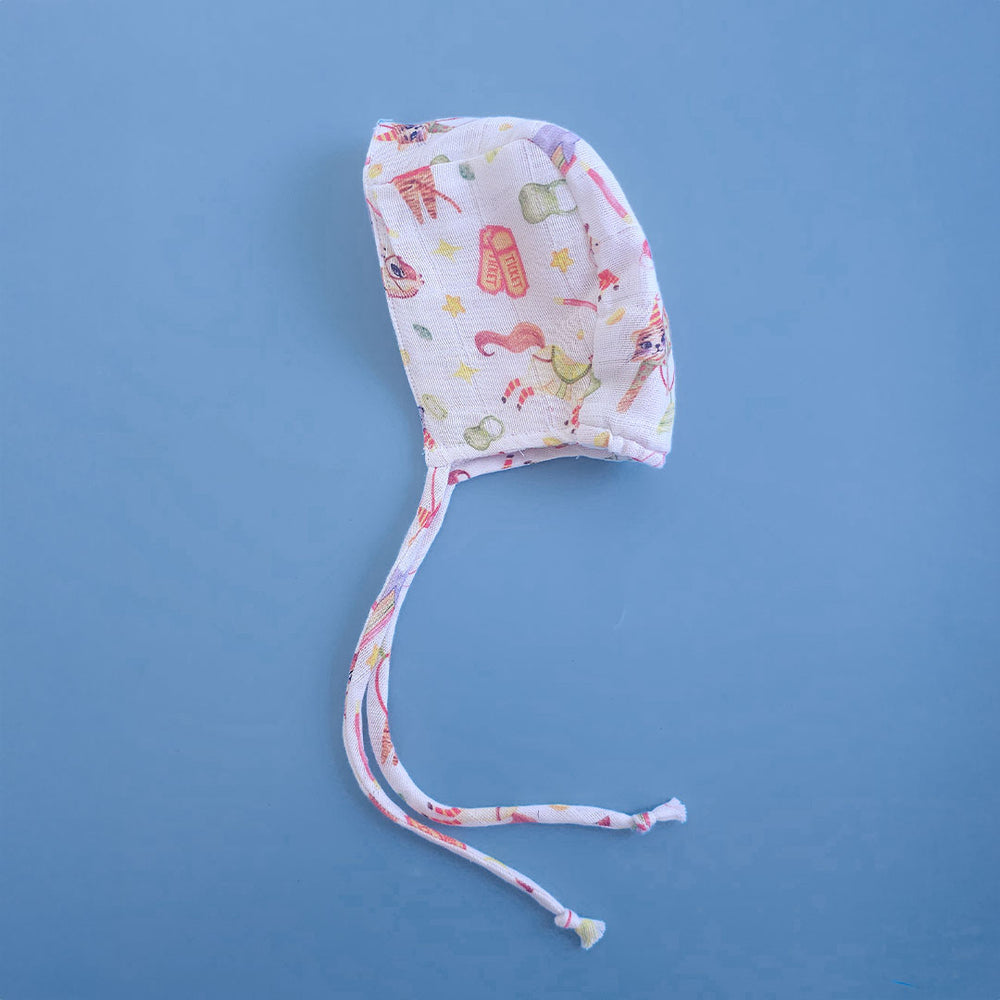 Muslin Printed White Baby Bonnet - Circus Crew