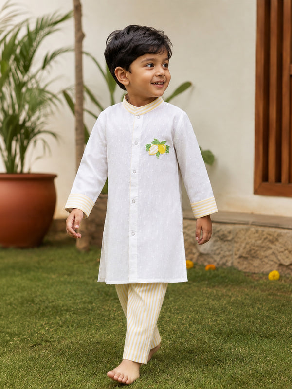 Boys Yellow and White Embroidered Kurta and Pajama Pants Set - Lemonade