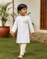 Boys Yellow and White Embroidered Kurta and Pajama Pants Set - Lemonade
