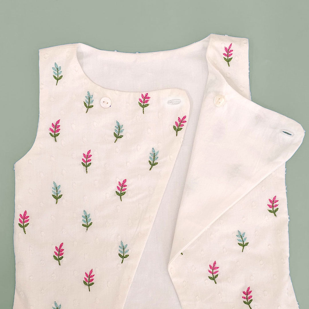 Keebee Organic Cotton Floral Embroidered Jacket Kurta and White Pajama Pants Set - Hot Pink