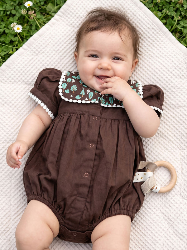 Baby Girl Embroidered Choco Brown Romper with Puffed Sleeves - Pine Trees