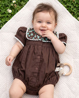 Baby Girl Embroidered Choco Brown Romper with Puffed Sleeves - Pine Trees