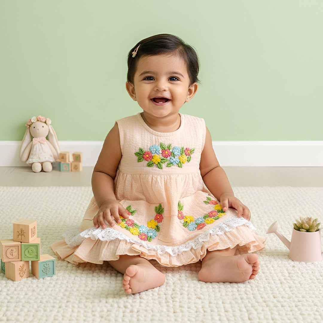 Keebee Organic Cotton Hand Embroidered Peach Baby Girl Peony Dress