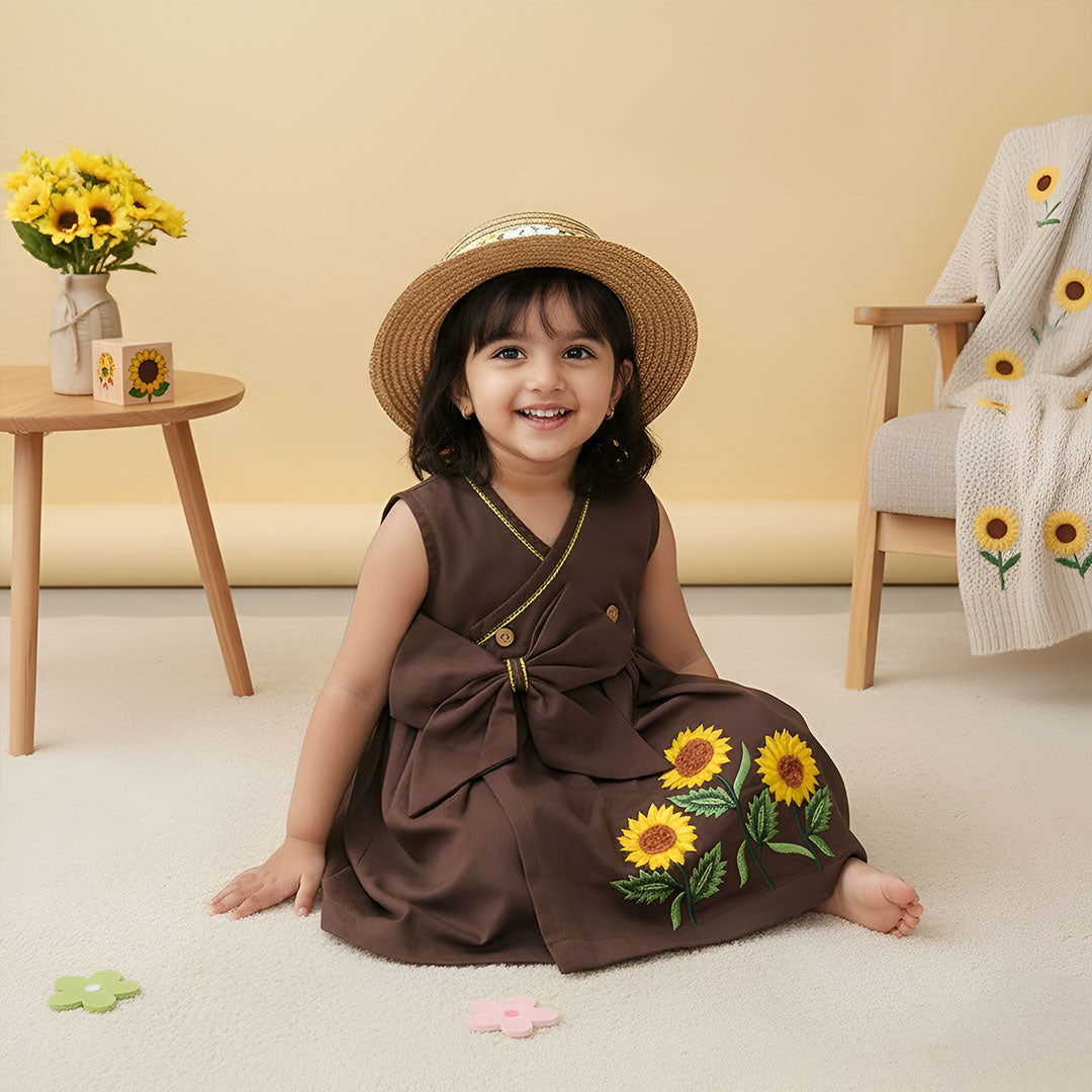 Keebee Organic Cotton Embroidered Girls Brown Overlap Dress - Sunflowers