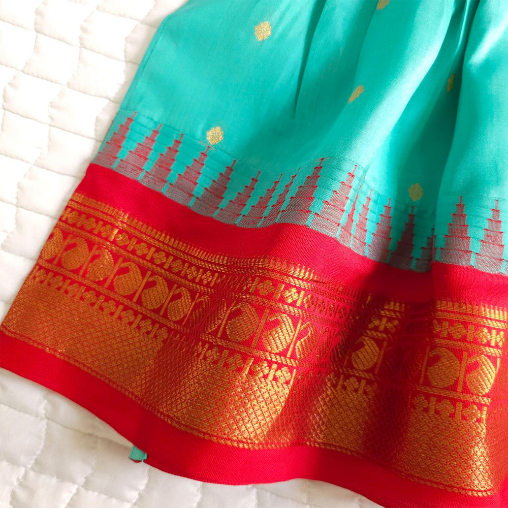 Baby Girl Handloom Raw Silk Ethnic Maxi Dress and Accessories Set - Red and Green