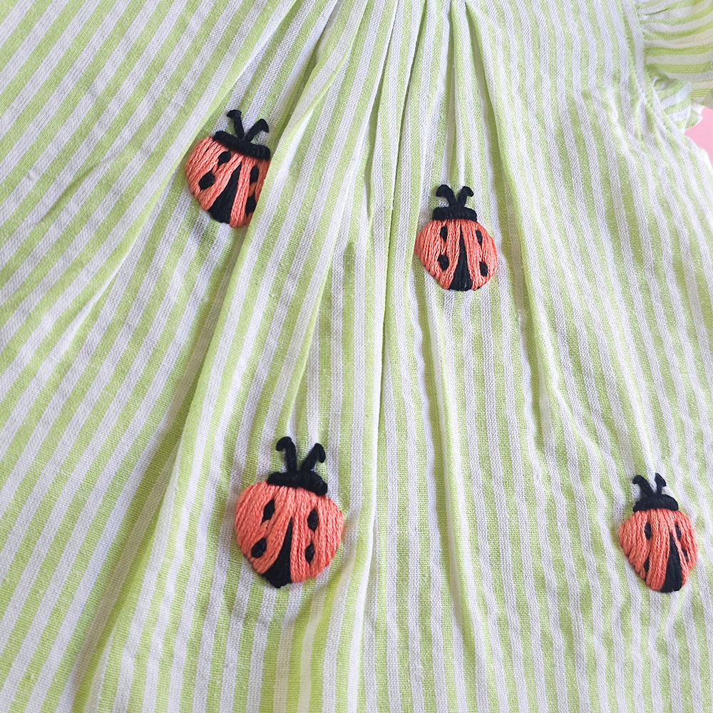 Girls Embroidered Green and White Coord Set - Lady Bugs