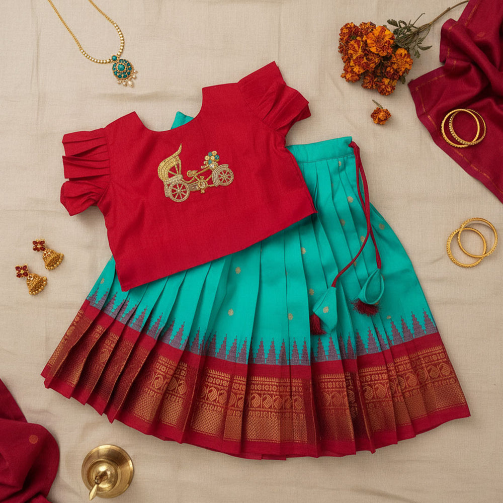 Girls Handloom Raw Silk Embroidered Red and Aqua Green Choli Lehenga Set - Golden Carriage