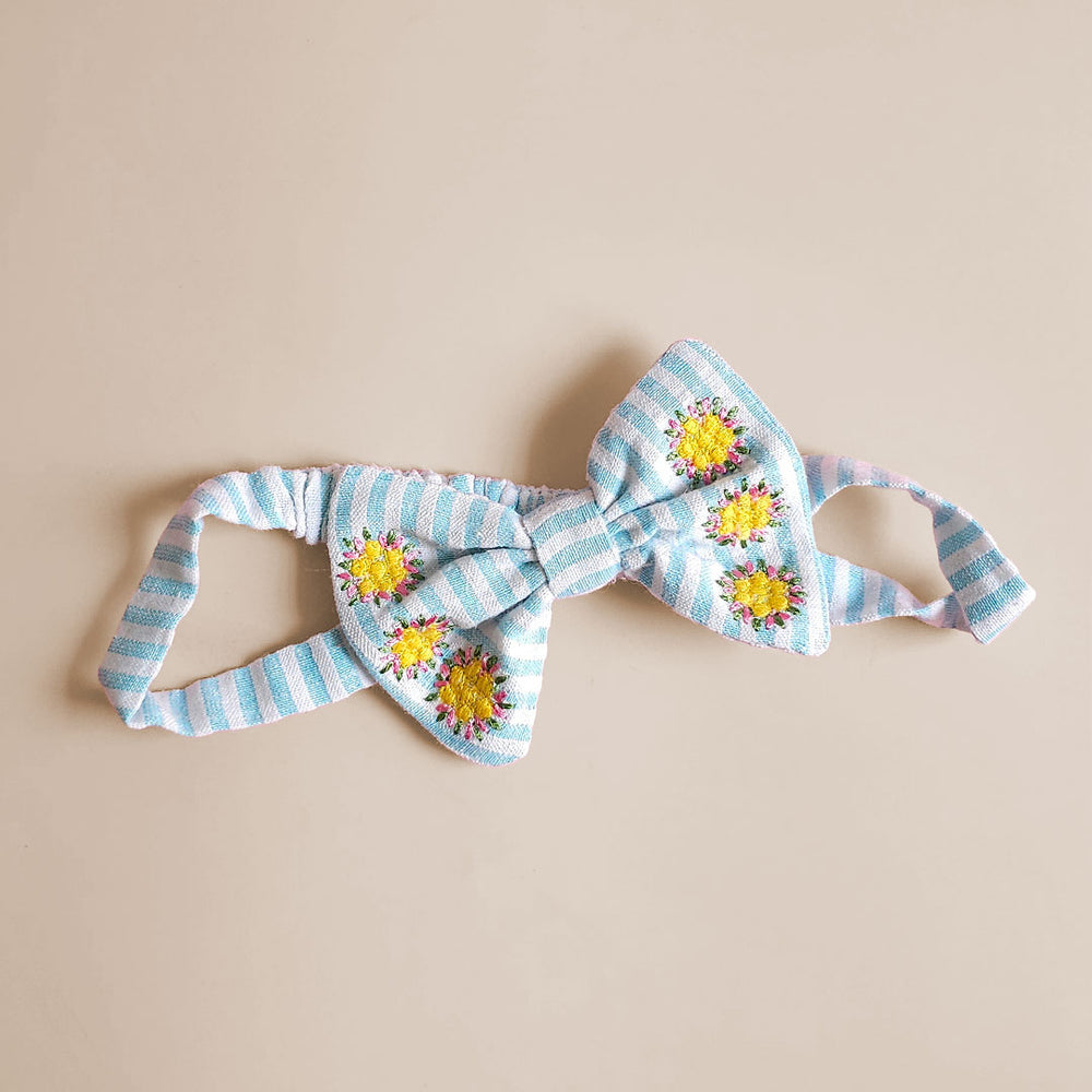 Girls Embroidered Light Blue and White Classic Bow Headband - Pink Flowers