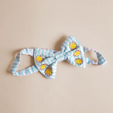 Girls Embroidered Light Blue and White Classic Bow Headband - Pink Flowers