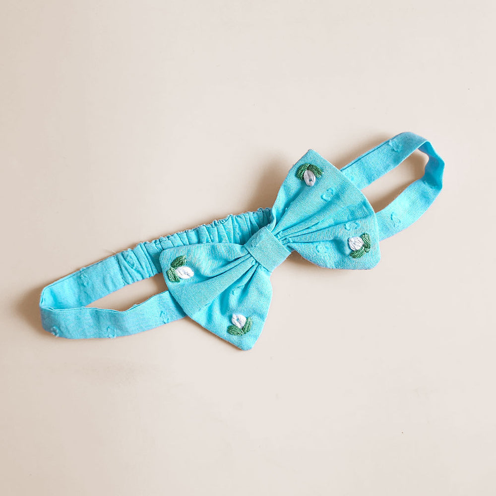 Girls Embroidered Turquoise Blue Classic Bow Headband - White Flowers