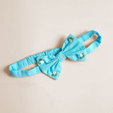 Girls Embroidered Turquoise Blue Classic Bow Headband - White Flowers