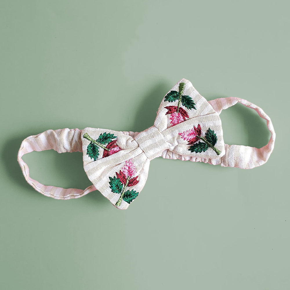 Girls Embroidered Beige and White Classic Bow Headband - Pink Bloom