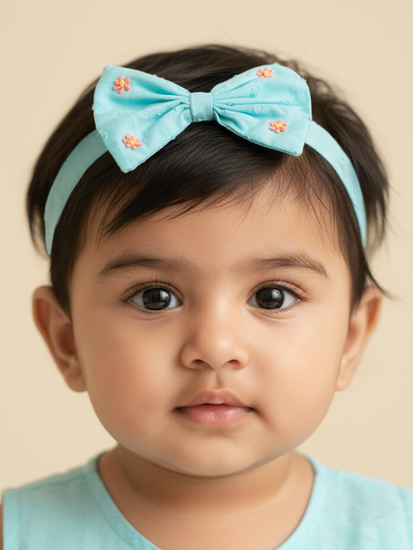 Girls Embroidered Turquoise Blue Classic Bow Headband - Bug in My Pocket