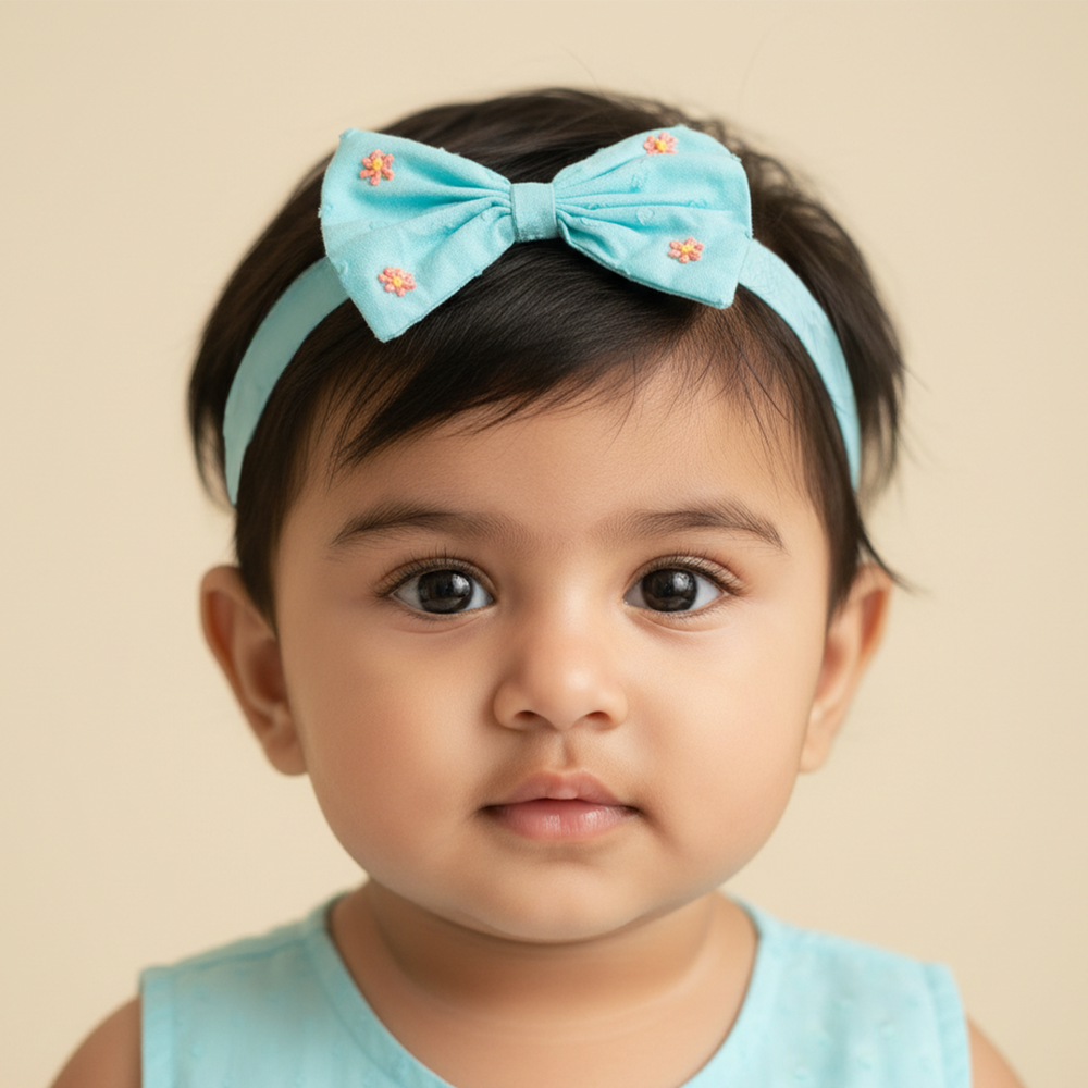 Girls Embroidered Turquoise Blue Classic Bow Headband - Bug in My Pocket