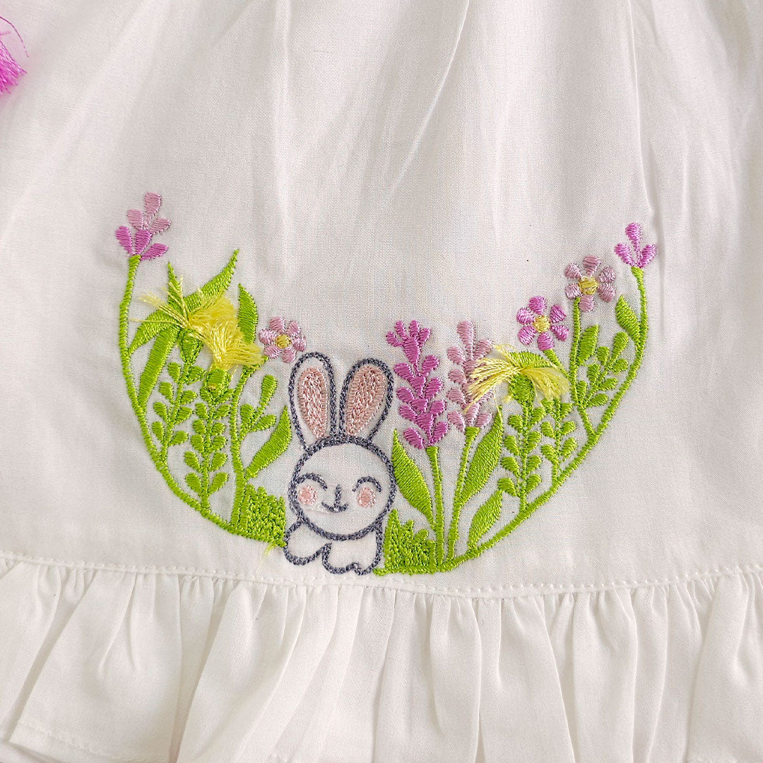 Keebee Organic Cotton Baby Girl Embroidered White Dress and Accessories Set - Rabbit