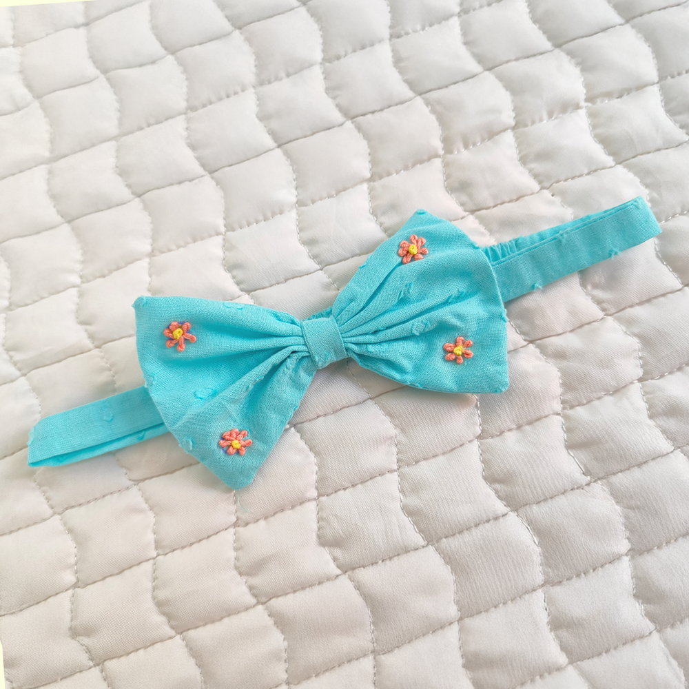 Girls Embroidered Turquoise Blue Classic Bow Headband - Bug in My Pocket