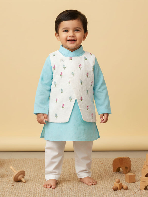 Boys Floral Embroidered Jacket Kurta and White Pajama Pants Set - Turquoise Blue