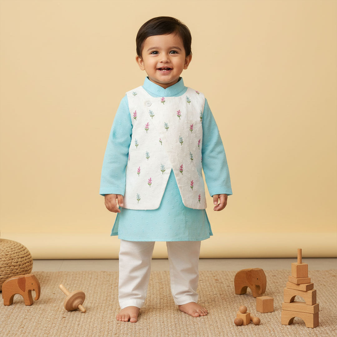 Boys Floral Embroidered Jacket Kurta and White Pajama Pants Set - Turquoise Blue