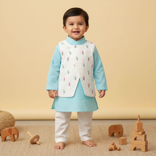 Keebee Organic Cotton Floral Embroidered Jacket Kurta and White Pajama Pants Set - Turquoise Blue