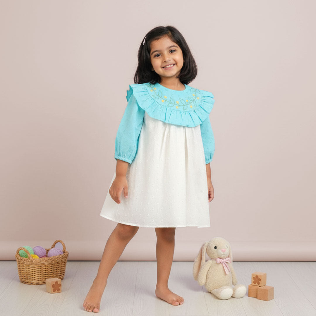 Keebee Organic Cotton Embroidered Girls Blue and White Puffed Sleeve Dress - Garland of Flowers