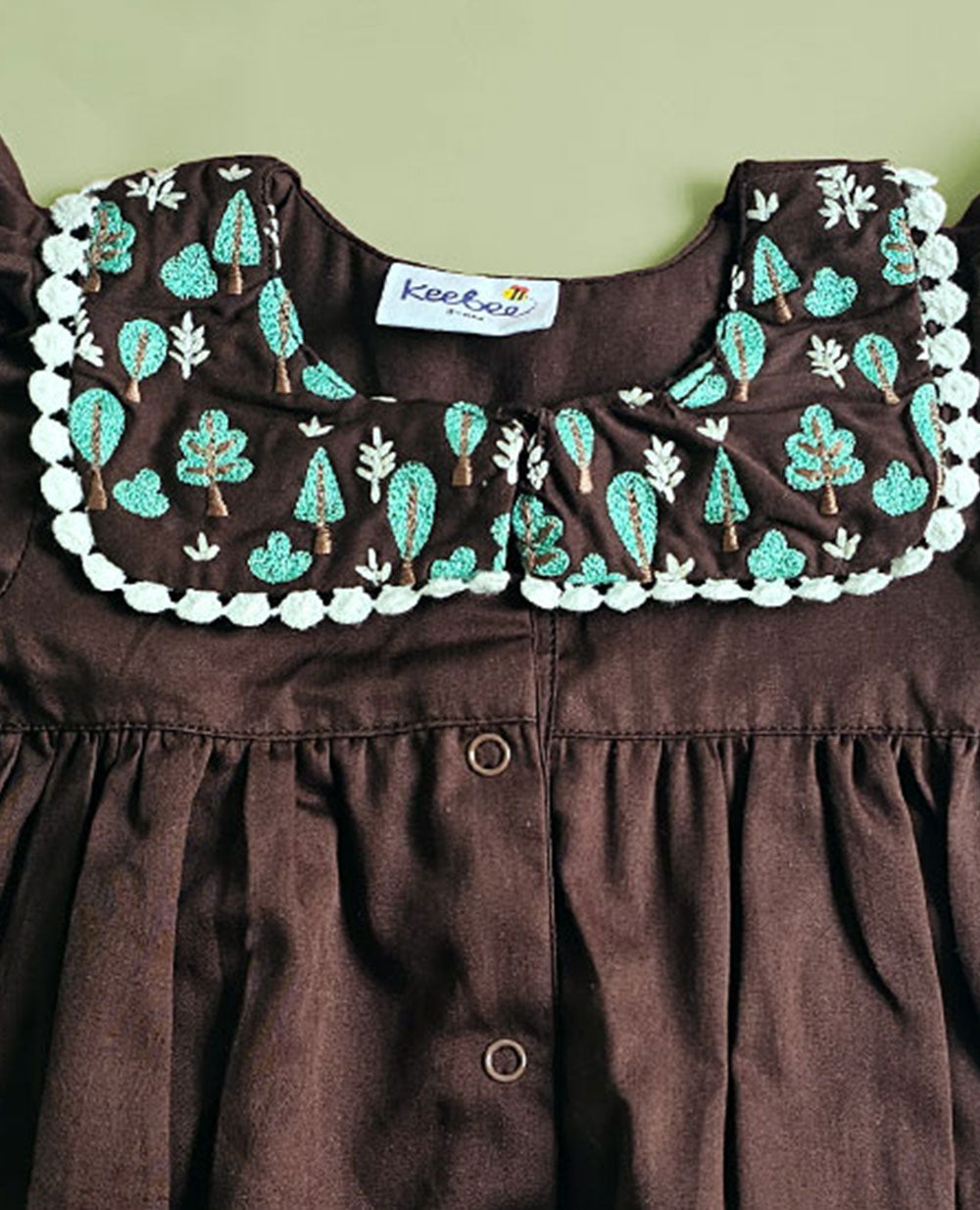 Baby Girl Embroidered Choco Brown Romper with Puffed Sleeves - Pine Trees