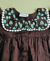Baby Girl Embroidered Choco Brown Romper with Puffed Sleeves - Pine Trees