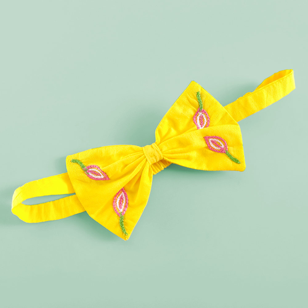 Girls Embroidered Yellow Classic Bow Headband - Lotus Pond