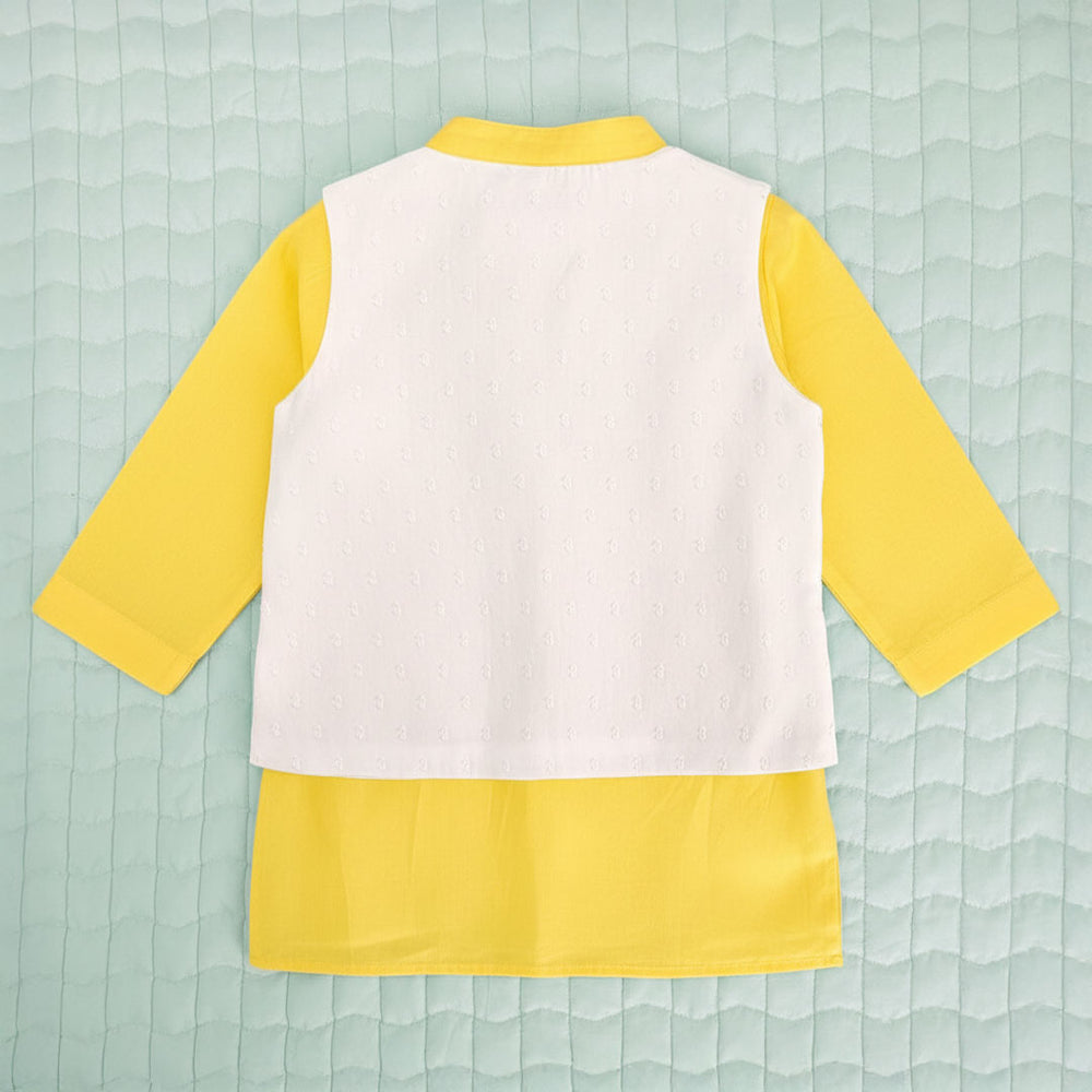 Boys Sun Embroidered Jacket Kurta and White Pajama Pants Set - Yellow