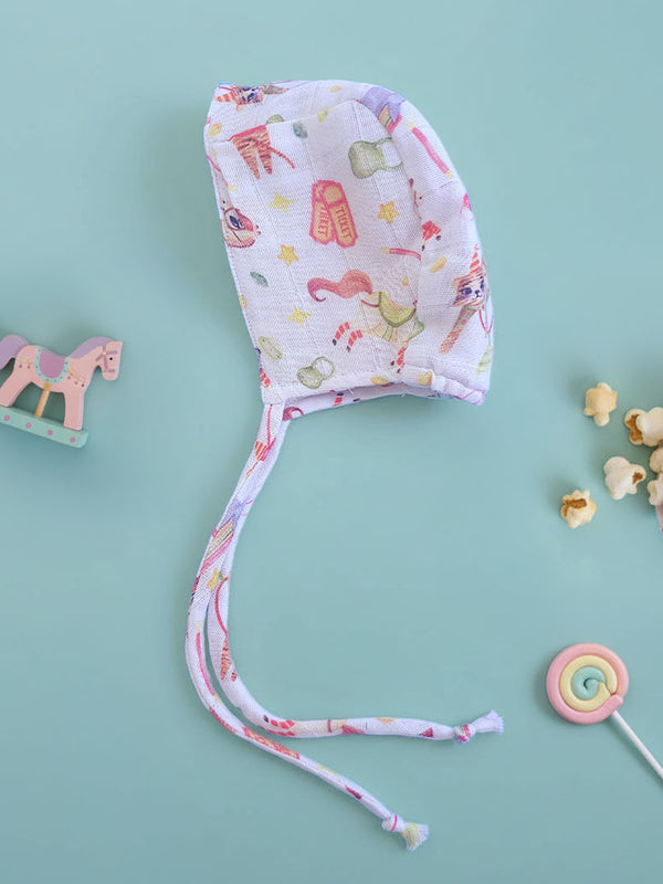 Muslin Printed White Baby Bonnet - Circus Crew