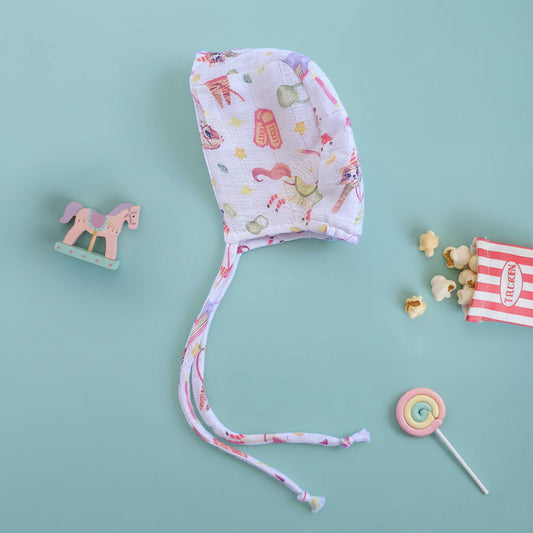 Keebee Organic Cotton Muslin Printed White Baby Bonnet - Circus Crew