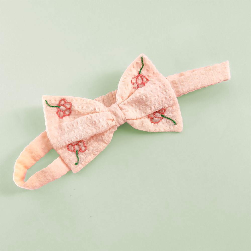Girls Embroidered Sweet Peach Classic Bow Headband - Poppy Field