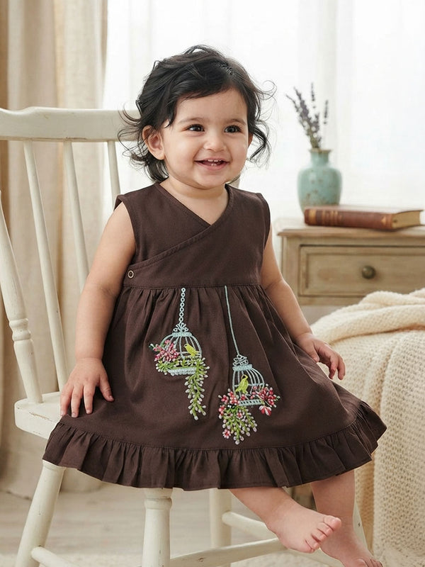 Baby Girl Embroidered Choco Brown Wrap Dress - Birdcage Garden