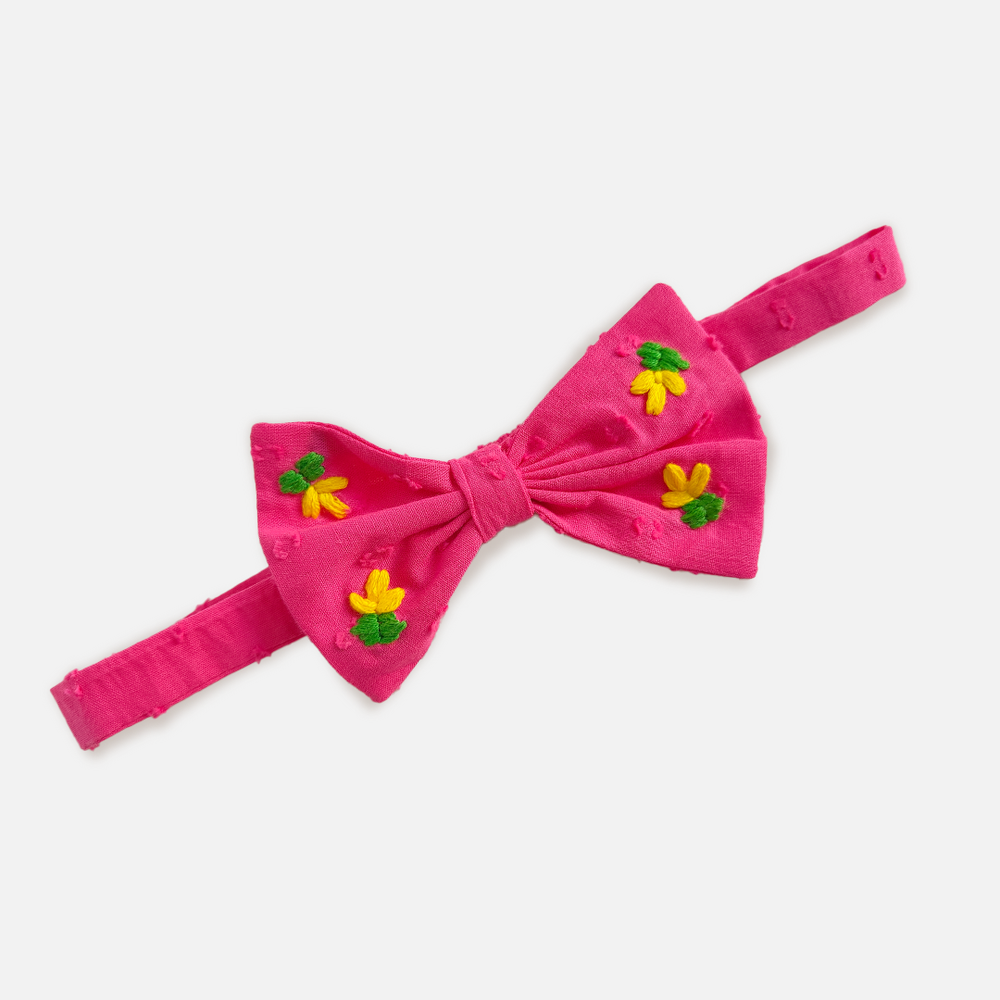 Girls Embroidered Hot Pink Classic Bow Headband - Yellow Bloom