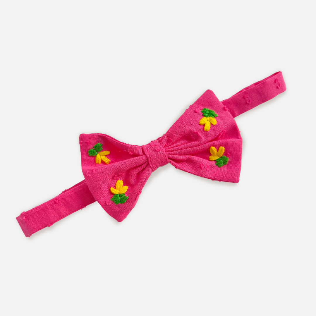 Hot Pink Embroidered Classic Bow Headband - Yellow Bloom