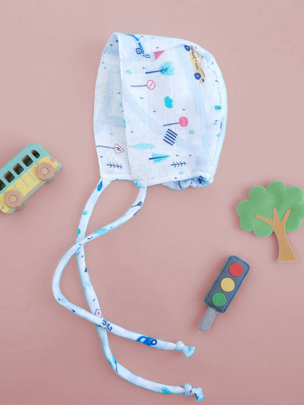 Muslin Printed White Baby Bonnet - Tiny Town