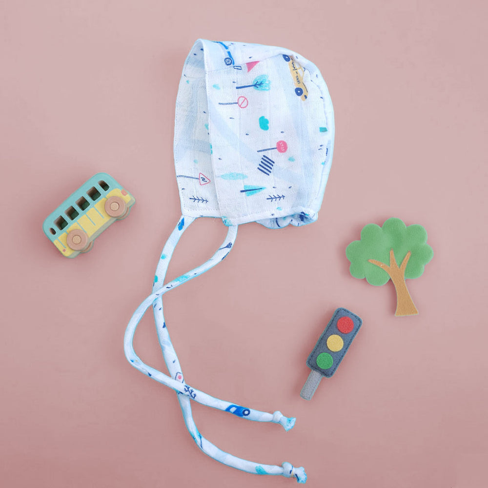 Muslin Printed White Baby Bonnet - Tiny Town