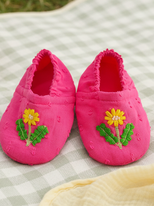 Baby Girl Embroidered Hot Pink Shoes - Yellow Bloom