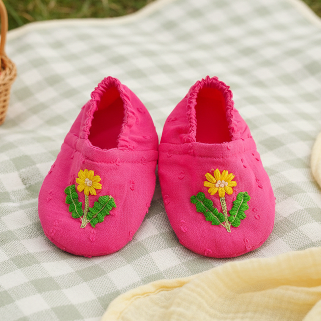 Baby Girl Embroidered Hot Pink Shoes - Yellow Bloom