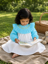 Embroidered Blue and White Puffed Sleeve Dress - Garland of Flowers