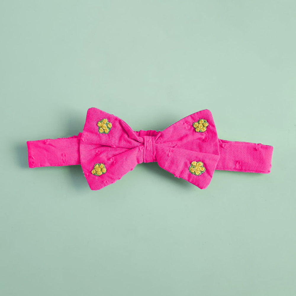 Hot Pink Embroidered Classic Bow Girls Headband - Garland of Flowers