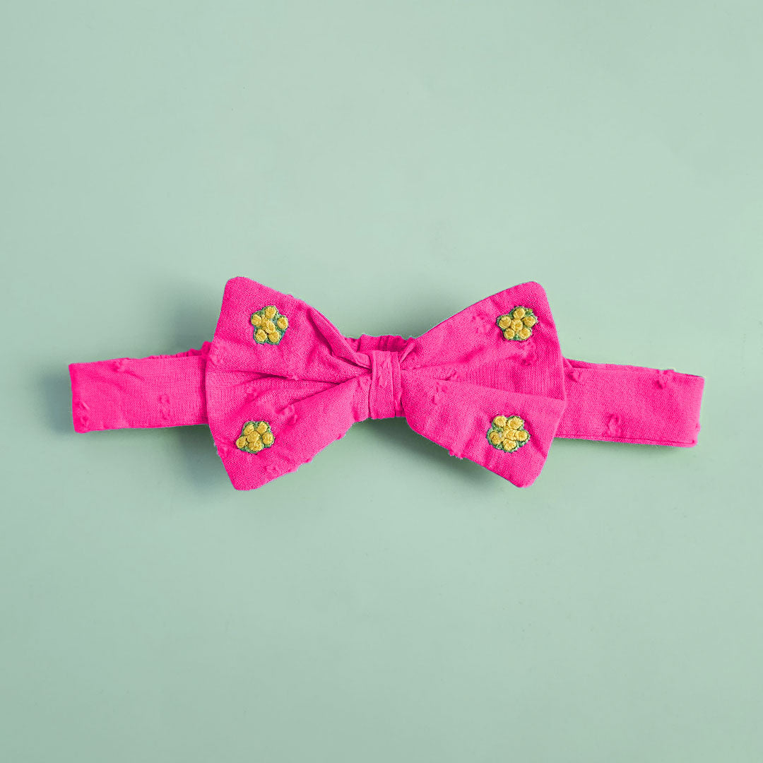Keebee Organic Cotton Hot Pink Embroidered Classic Bow Headband - Garland of Flowers
