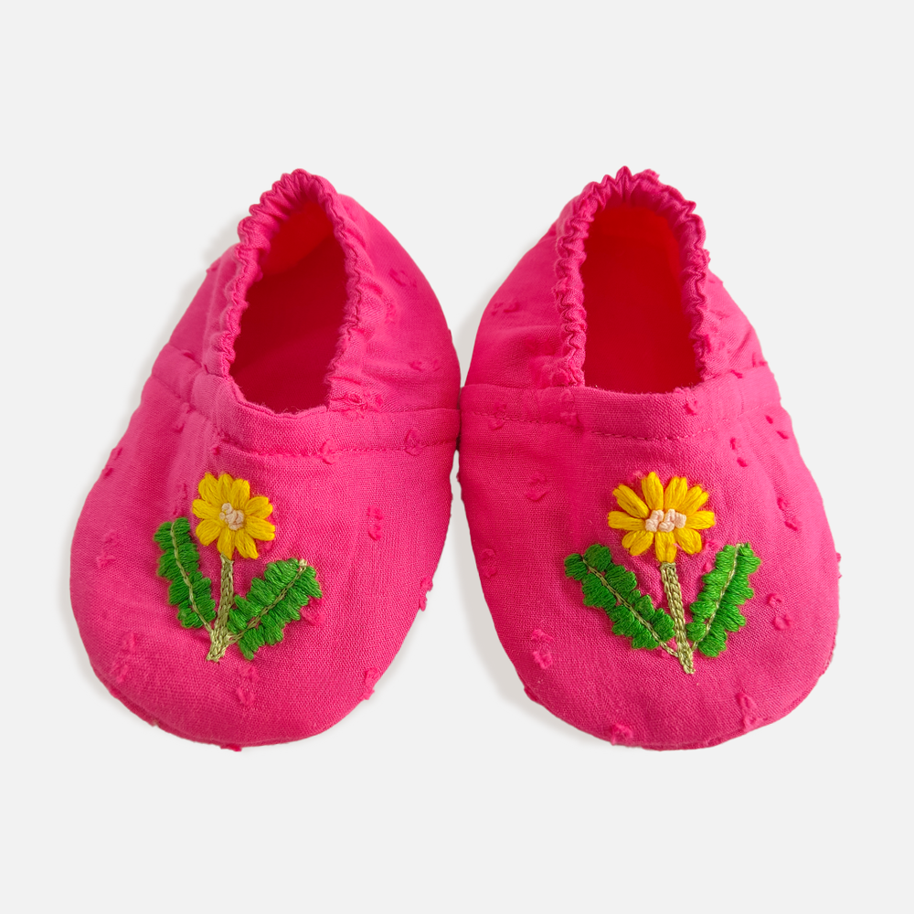 Baby Girl Embroidered Hot Pink Shoes - Yellow Bloom