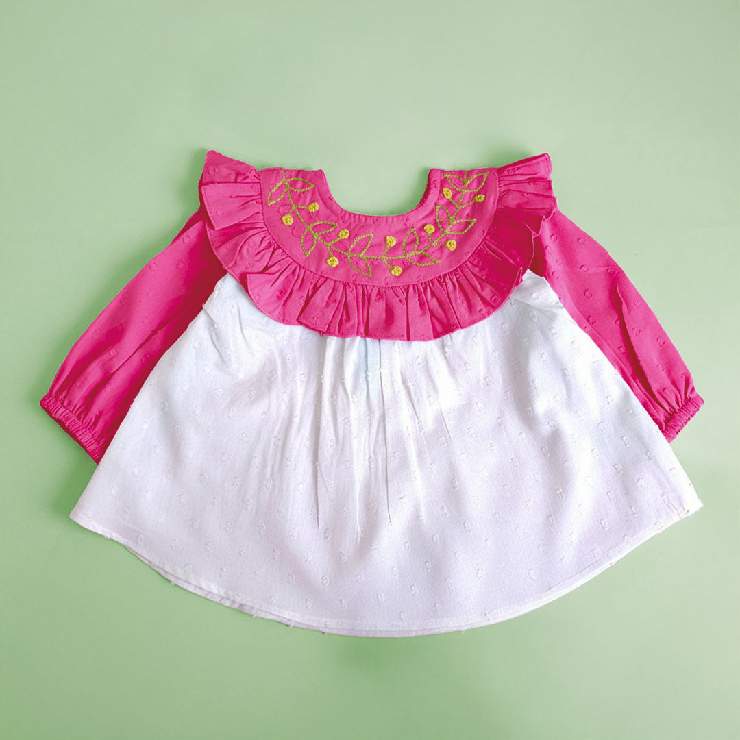 Keebee Organic Cotton Baby Girl Embroidered Hot Pink and White Dress and Accessories Set - Garland of Flowers