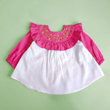 Girls Embroidered Hot Pink and White Puffed Sleeve Dress - Garland of Flowers