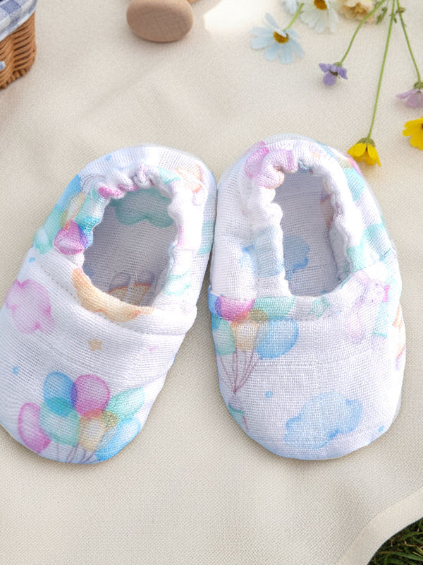 Muslin Printed White Baby Shoes - Bunny with Balloons
