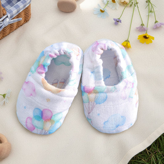 Keebee Organic Cotton Muslin Printed White Baby Shoes - Bunny with Balloons
