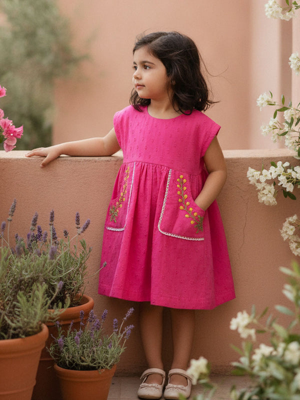 Embroidered Hot Pink Pocket Dress - Yellow Flowers