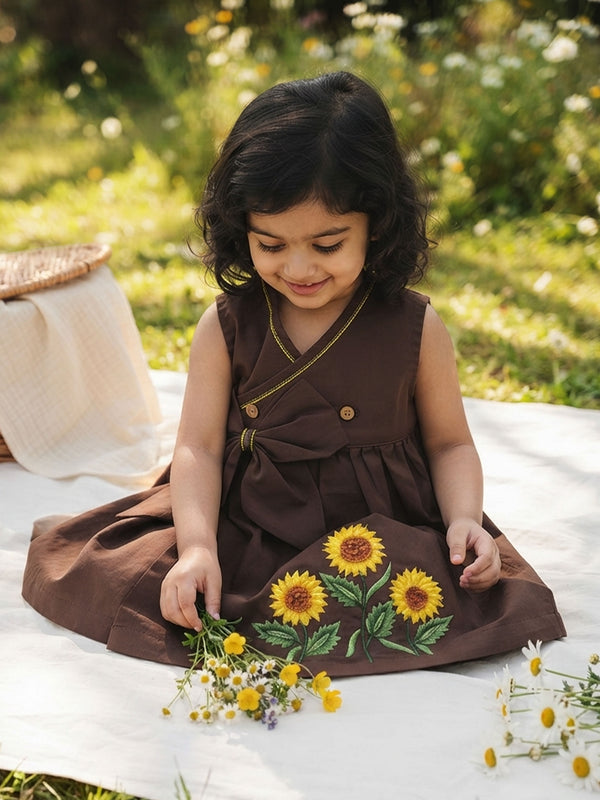 Embroidered Brown Overlap Dress - Sunflowers