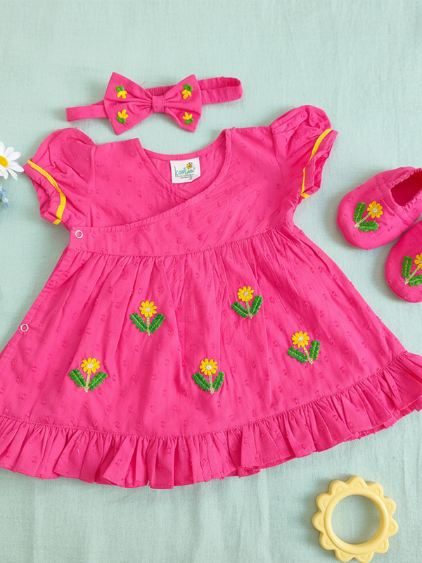 Baby Girl Embroidered Hot Pink Wrap Dress and Accessories Set - Yellow Bloom